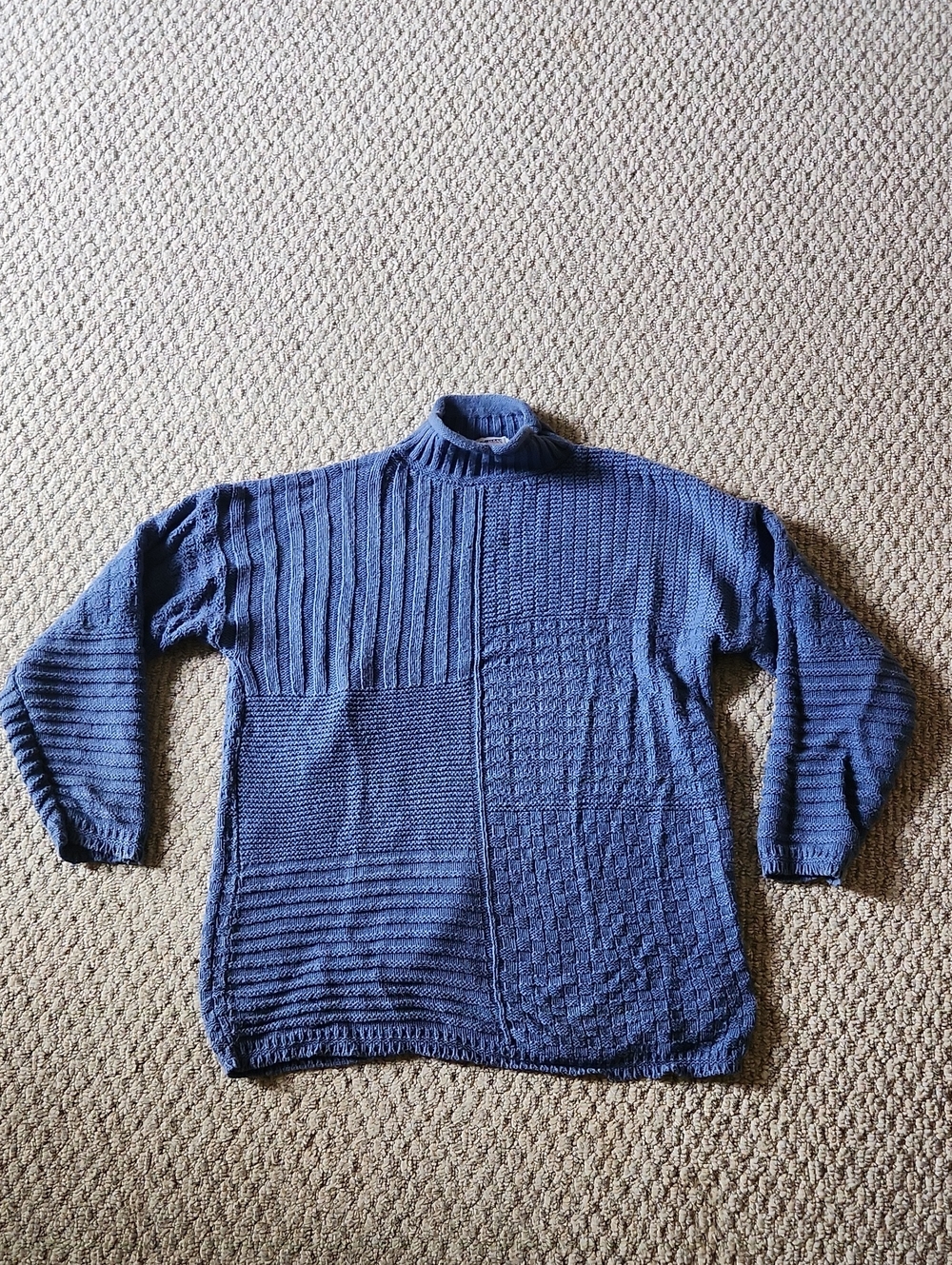 Women's Blue Textured Knit Sweater - Classic Mock Neck